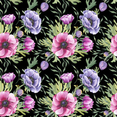 Seamless pattern with anemone flowers and leaves. Watercolor illustration on black background.