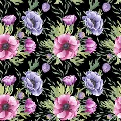  Seamless pattern with anemone flowers and leaves. Watercolor illustration on black background. © JeannaDraw