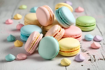 Crédence de cuisine en verre imprimé Macarons Colorful Pastel Macaroons on Light Background Sweets Patisserie, generative AI