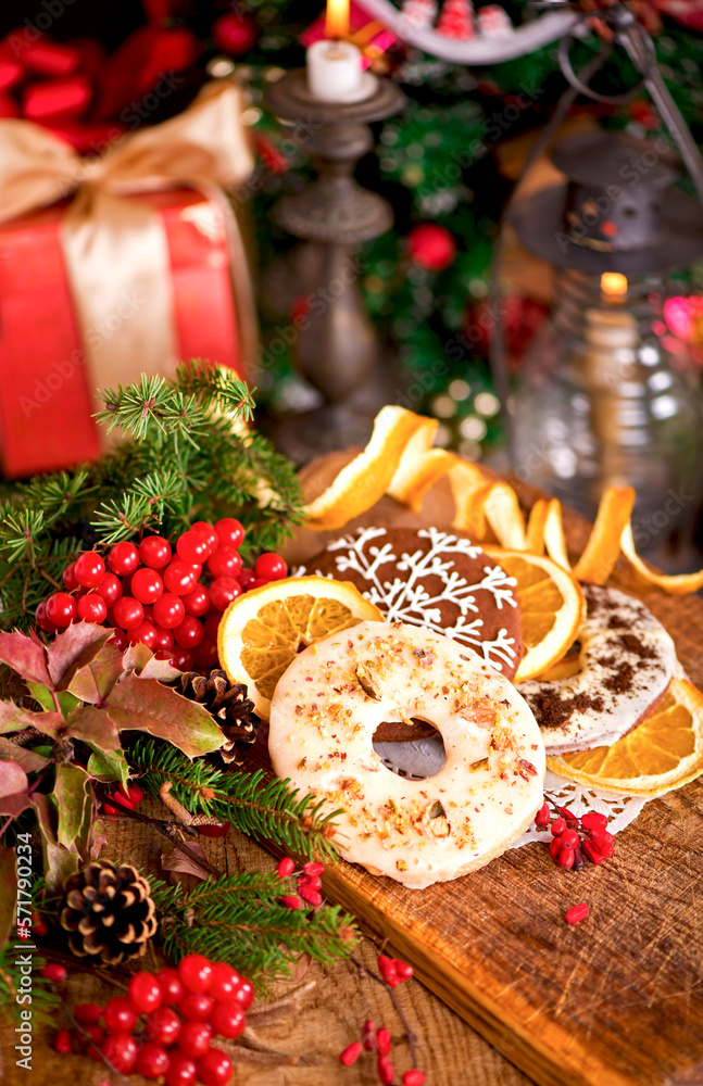 Sticker Christmas decoration with cookies on an old wooden background.