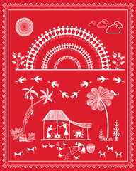 Indian rural life in art painting. Warli painting showing Tribal Lifestyle. drawing and wall painting. Indian illustration, art, vector. 