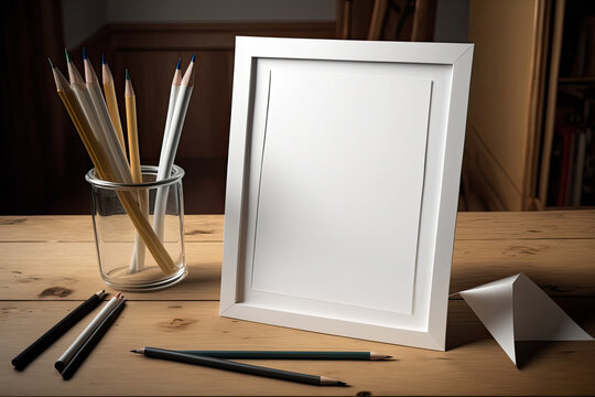 Over a wooden table, a picture of a white, empty photo frame with pencils is visible, generative AI.