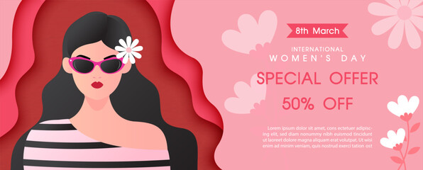 Modern and beauty woman with women's day specials offer sale wording on flower pattern and pink background. Card and poster's campaign of Women's day in paper cut style