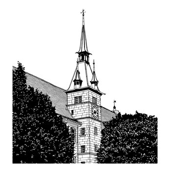 Vector illustration with silhouette of ancient clock tower and weather vane on a spire in Switzerland.