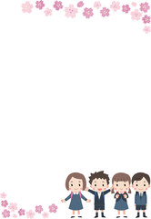 桜と小学生のフレーム素材イラスト　縦長