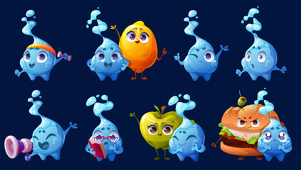Cute water drop mascot. Funny rain aqua drop character smile, sad, surprised, with dumbbell, healthy food, burger, megaphone and book, vector cartoon set isolated on background