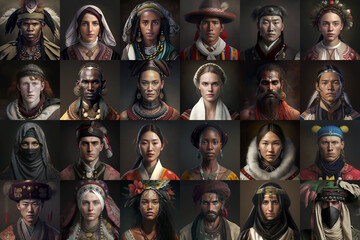 Collage collection of 24 faces of people of different nationalities in traditional costumes. Asians, Arabs, Caucasians, Africans and other nationalities. Photorealistic illustration generative AI. - obrazy, fototapety, plakaty