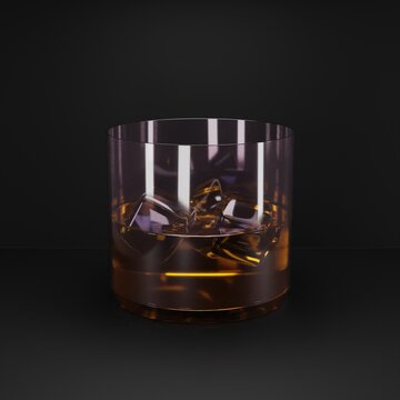 3d whiskey with ice on black background