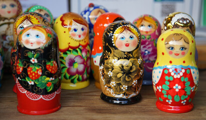 Matryoshka doll of many colorful Russian souvenirs
