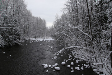 A river surrounded by snow covered ground