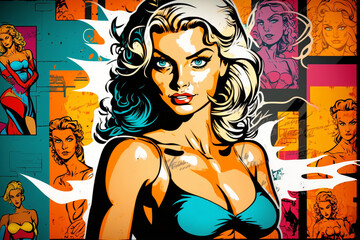 Beautiful woman posing. Collage background. Generative AI