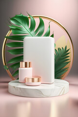 A luxurious mate white marble pink podium stage display mockup perfect for product presentation. Featuring a green tropical palm leaves illustration, it adds a touch of exotic glamour Generative AI