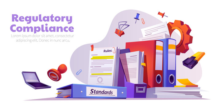 Regulatory compliance, business policies and company rules. Legal guidelines and standards banner with paper documents and folders, vector cartoon illustration