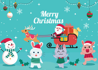 cute marry christmas set greeting Card Template with cute santa and cute animal