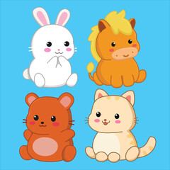 cute animal rabbit or bunny, pony or horse, bear and cat set Template