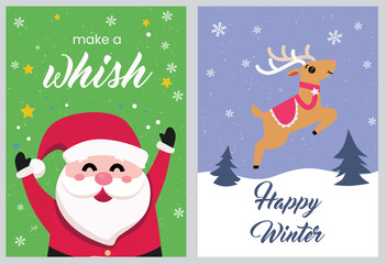 cute marry christmas set greeting Card Template with cute santa and cute animal wallpaper