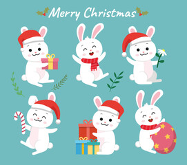 cute marry christmas set greeting Card Template with cute bunn