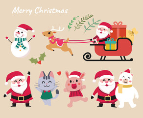 cute marry christmas set greeting Card Template with cute santa and cute animal set