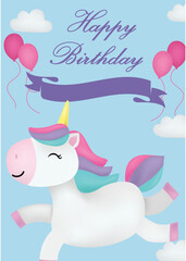 Unicorn Birthday Invitation and baby shower Card Template with cute unicorn, rainbow, star and cloud