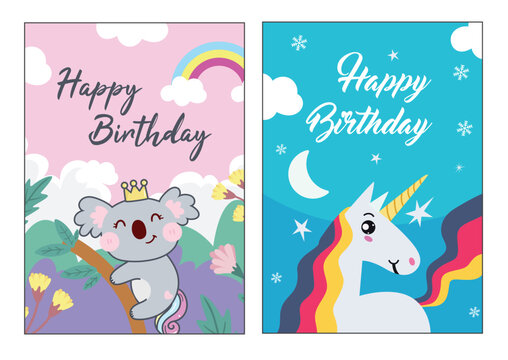 Unicorn Birthday Invitation and baby shower Card Template with cute unicorn cute koala, rainbow, star and cloud