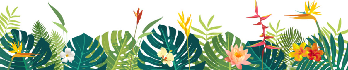 Vector Hawaiian Balinese rainforest summer lush jungle exotic leaves square banner lower border. Aloha summer monstera wedding greeting card, invitation design. Exotic tropical plants postcard