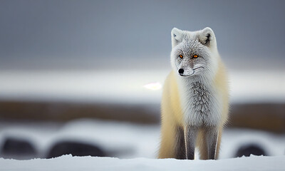 Arctic Fox in the frozen tundra of the Arctic, standing proud and alert during a snowstorm. Generative AI