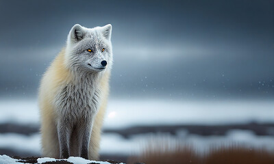 Arctic Fox in the frozen tundra of the Arctic, standing proud and alert during a snowstorm. Generative AI