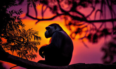 Gorilla in the lush tropical forests, sitting on a tree branch, generative AI