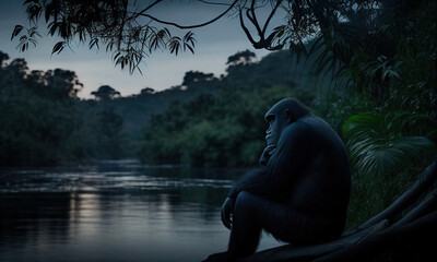 Gorilla in the lush tropical forests of Central Africa, sitting on a tree branch overlooking a river. Generative AI