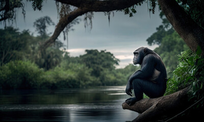 Gorilla in the lush tropical forests of Central Africa, sitting on a tree branch overlooking a river. Generative AI
