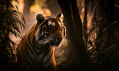 portrait of a tiger, golden light upon the tiger's rippling fur