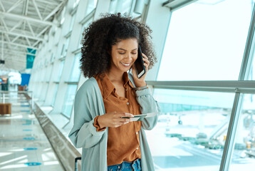 Black woman, phone call and travel with communication and plane ticket, airport with business trip...