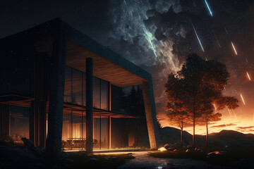 Fototapeta na wymiar Fantasy night landscape with architecture and meteor shower. AI
