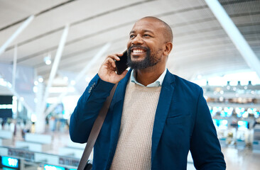 Black man, airport and business call with a smile ready for plane travel and global work. Mobile connection, happiness and businessman with luggage for plane and executive networking on cellphone