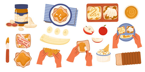 Set of elements of Peanut butter with for cooking. Toasts with fruit, bacon and peanut paste, apple, banana, toast bread, ice cream, hands, cutlery. Flat vector icon isolated on white background