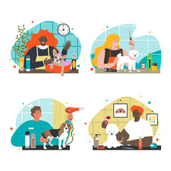 Dog grooming and care service flat vector set
