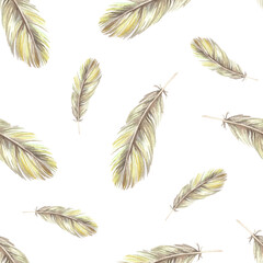 Feathers seamless pattern. Watercolor illustration. Isolated on a white background. Boho style print. For the design of bed linen, pillows, wrapping paper, napkins, towels, fabric