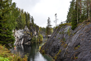 Autumn view of Grand Marble Canyon of Ruskeala mountain park in Karelia.