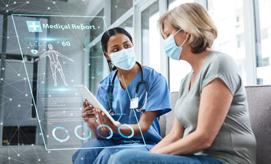Doctor, patient and tablet with future technology and health, digital medical report and women in...
