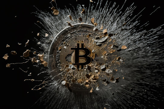 Explosion Of Bitcoin Coins, The Explosion Has Obliterated The Central Bitcoin Exchange, Leaving Behind A Scene Of Chaos And Destruction. Generative AI.