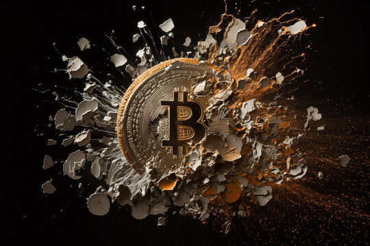 Explosion of bitcoin coins, the metal gleam of thousands of shattered bitcoins flew in all directions like a metallic rainstorm. generative AI.
