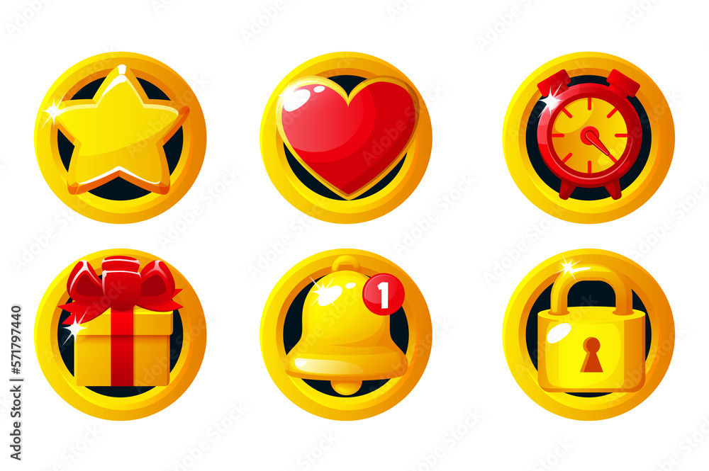 Wall mural Golden game icons- star, heart, clock, gift box, bell and lock. Game App Icons