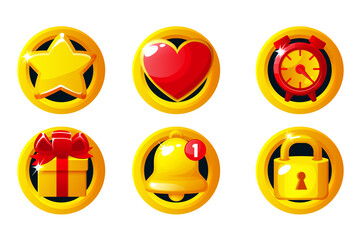Set of golden game icons- star, heart, clock, gift box, bell and lock. Game App Icons