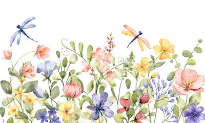 Watercolor wild flowers, dragonfly border banner for stationary, greetings, etc. floral decoration. Hand drawing. - obrazy, fototapety, plakaty