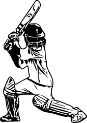 Silhouette of young cricket player, Cricket Player Hit Ball with Bat line art illustration, Batsman playing cricket. Cricket competition logo.