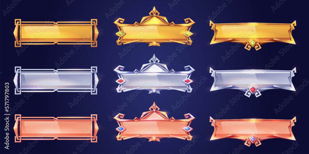 Poster medieval bronze game button. isolated fantasy interface title. metal border with gem vector design. 