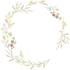 Fototapeta na wymiar Watercolor tiny details delicate colors round wreath. Hand painted abstract greenery