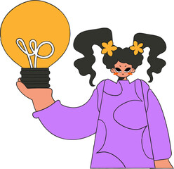 Fashionable woman holding a light bulb. Idea theme.