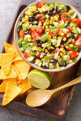 Organic Cowboy Caviar Dip with vegetables and Chips closeup in the bowl on the wooden board....