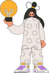 Stylish woman holding a light bulb. Idea theme.